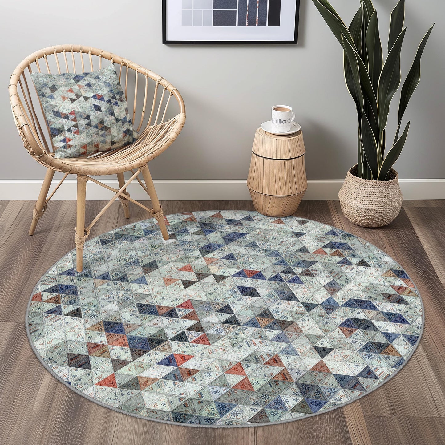 Runder Teppich mit geometrischem Muster, runder Teppich im Bohème-Stil, weicher, gemütlicher runder Teppich für Wohn- oder Schlafzimmer, dekorative Bodenmatte