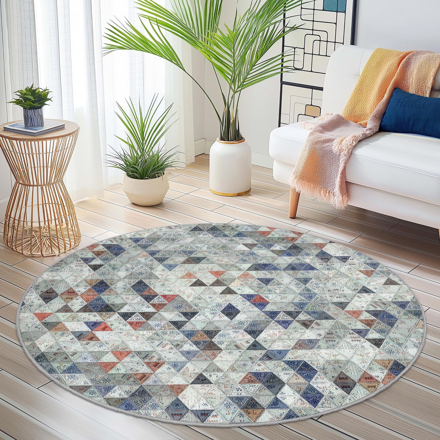 Geometric Pattern Round Area Rug, Bohemian Style Round Rug, Soft Cozy Round Carpet for Living Room or Bedroom, Decorative Floor Mat