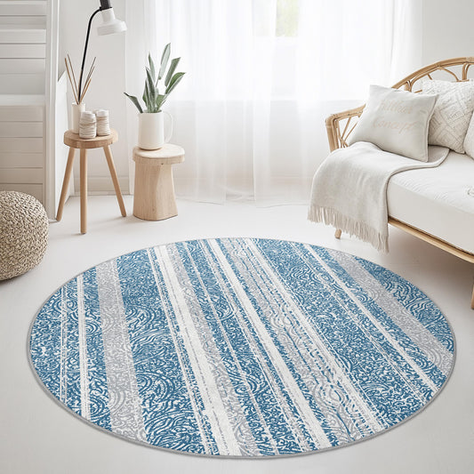 Elegant Blue Striped Round Area Rug, Vintage Floral Design Carpet, Soft Round Rug for Living Room, Bedroom, Home Decor
