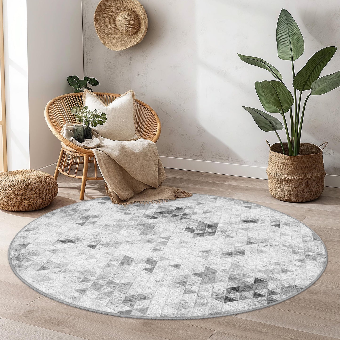 Runder Teppich mit geometrischem Dreiecksmuster, weicher runder Teppich, moderner Wohnzimmerteppich, stilvolle Wohndekoration, geometrische Fußmatte