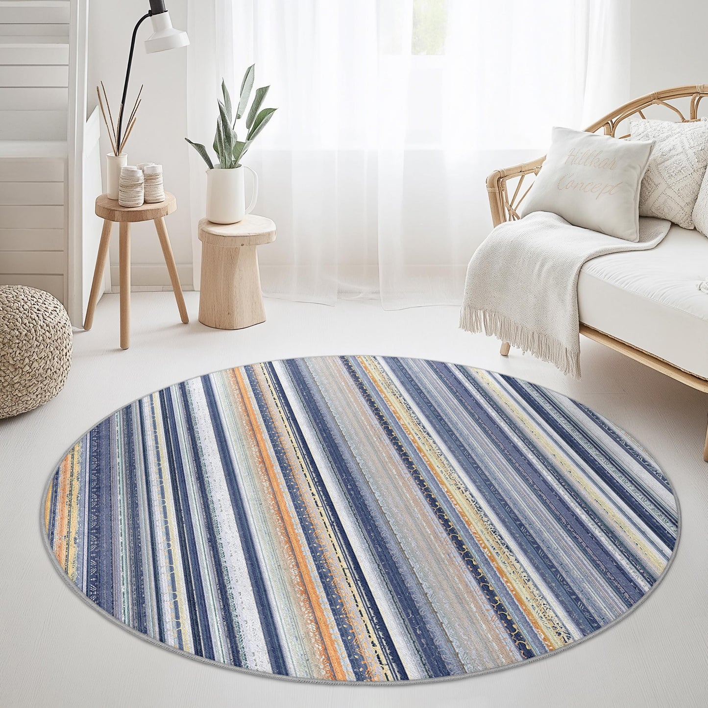 Runder Teppich mit maritimen Streifen, blau-beiger Teppich, Küstendeko fürs Kinderzimmer, weicher runder Teppich, Strandhaus-Teppich