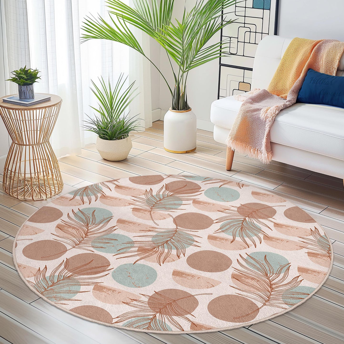 Runder Teppich mit tropischem Blattmuster, Boho-Kreisteppich, weicher runder Teppich fürs Wohnzimmer, runde Matte mit Blumenmuster, Wohnaccessoires