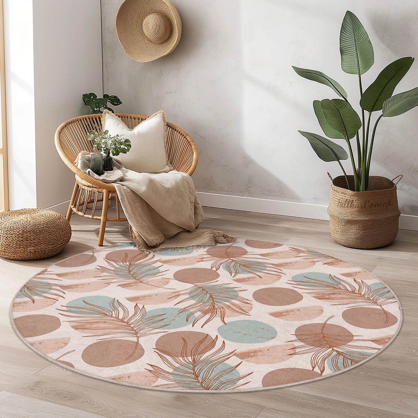 Runder Teppich mit tropischem Blattmuster, Boho-Kreisteppich, weicher runder Teppich fürs Wohnzimmer, runde Matte mit Blumenmuster, Wohnaccessoires