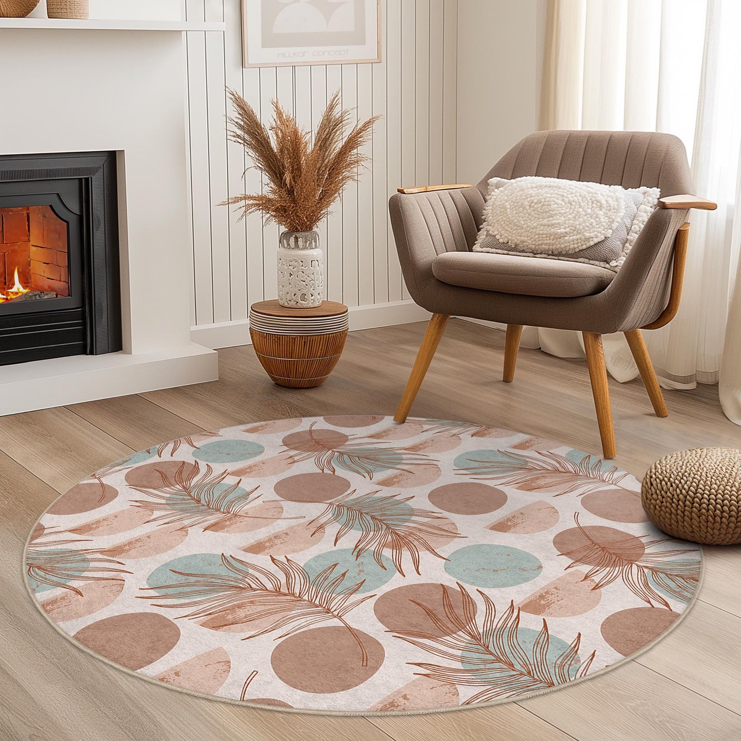 Runder Teppich mit tropischem Blattmuster, Boho-Kreisteppich, weicher runder Teppich fürs Wohnzimmer, runde Matte mit Blumenmuster, Wohnaccessoires