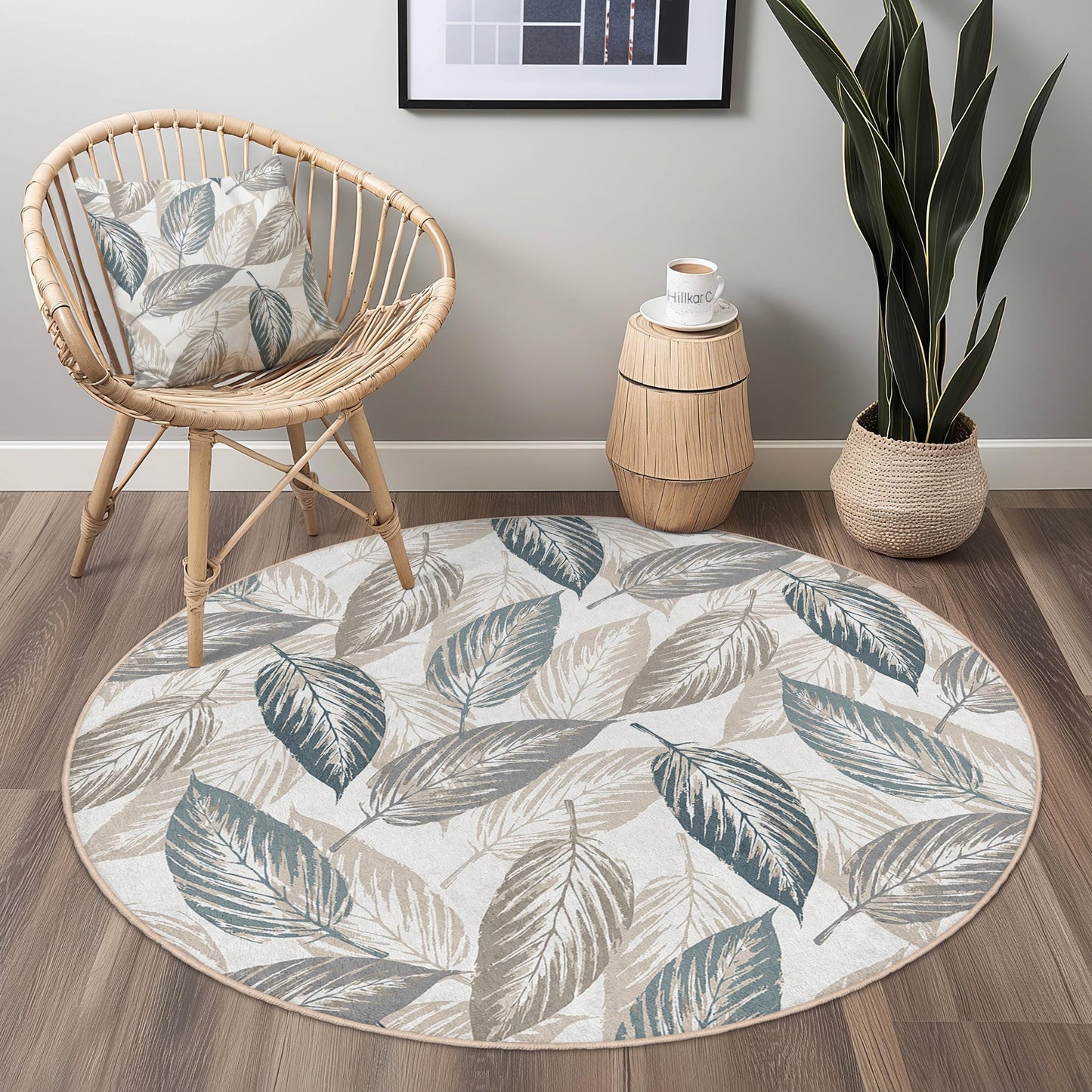 Eleganter runder Teppich mit Blattmuster, botanisches Blattdesign, weicher runder Teppich für Wohnzimmer, Schlafzimmer und andere Wohnräume