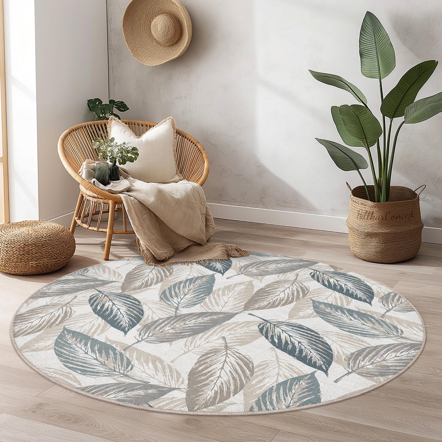 Eleganter runder Teppich mit Blattmuster, botanisches Blattdesign, weicher runder Teppich für Wohnzimmer, Schlafzimmer und andere Wohnräume