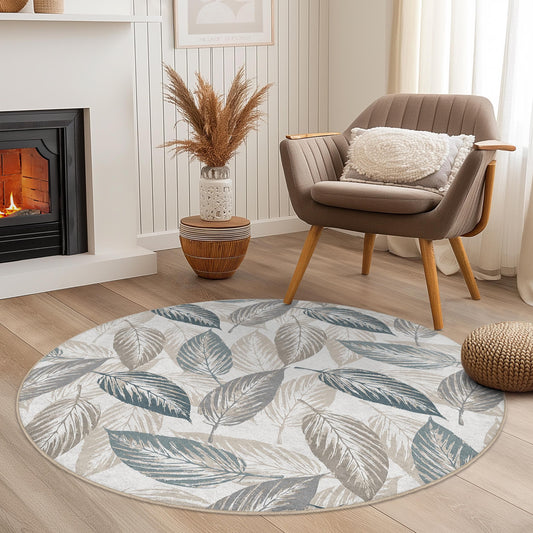 Elegant Round Leaf Pattern Area Rug, Botanical Leaf Design Carpet, Soft Round Rug for Living Room, Bedroom, Home Decor