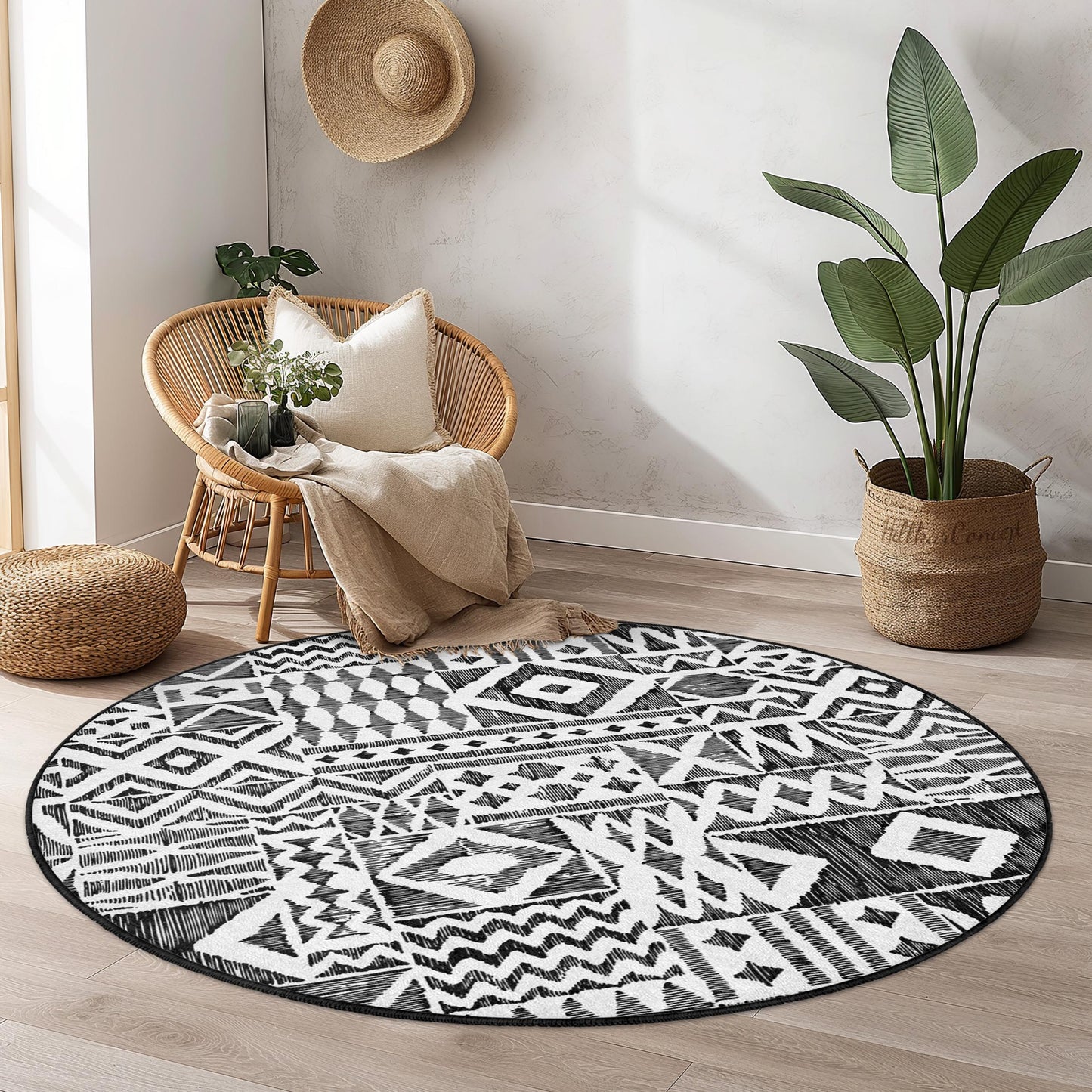 Moderner runder Teppich mit geometrischem Muster in Schwarz-Weiß, stilvoller runder Teppich für die Wohneinrichtung, zeitgenössischer runder Teppich, einzigartiges Wohnzimmer-Accessoire