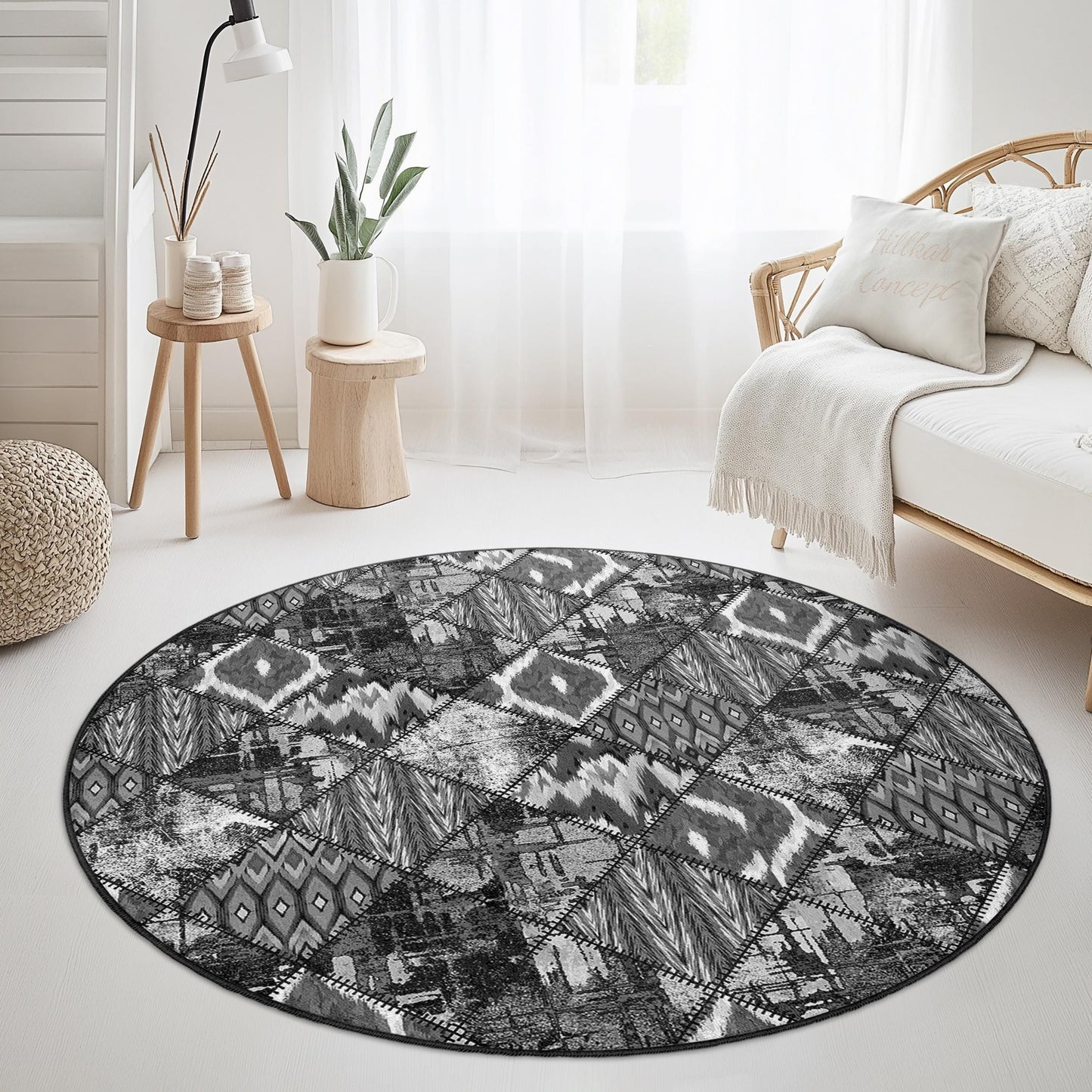 Geometrischer runder Teppich in Schwarz-Weiß, moderner Kreisteppich, Boho-Chic-Wohnzimmerdeko, weicher runder Teppich, stilvolles Wohnaccessoire