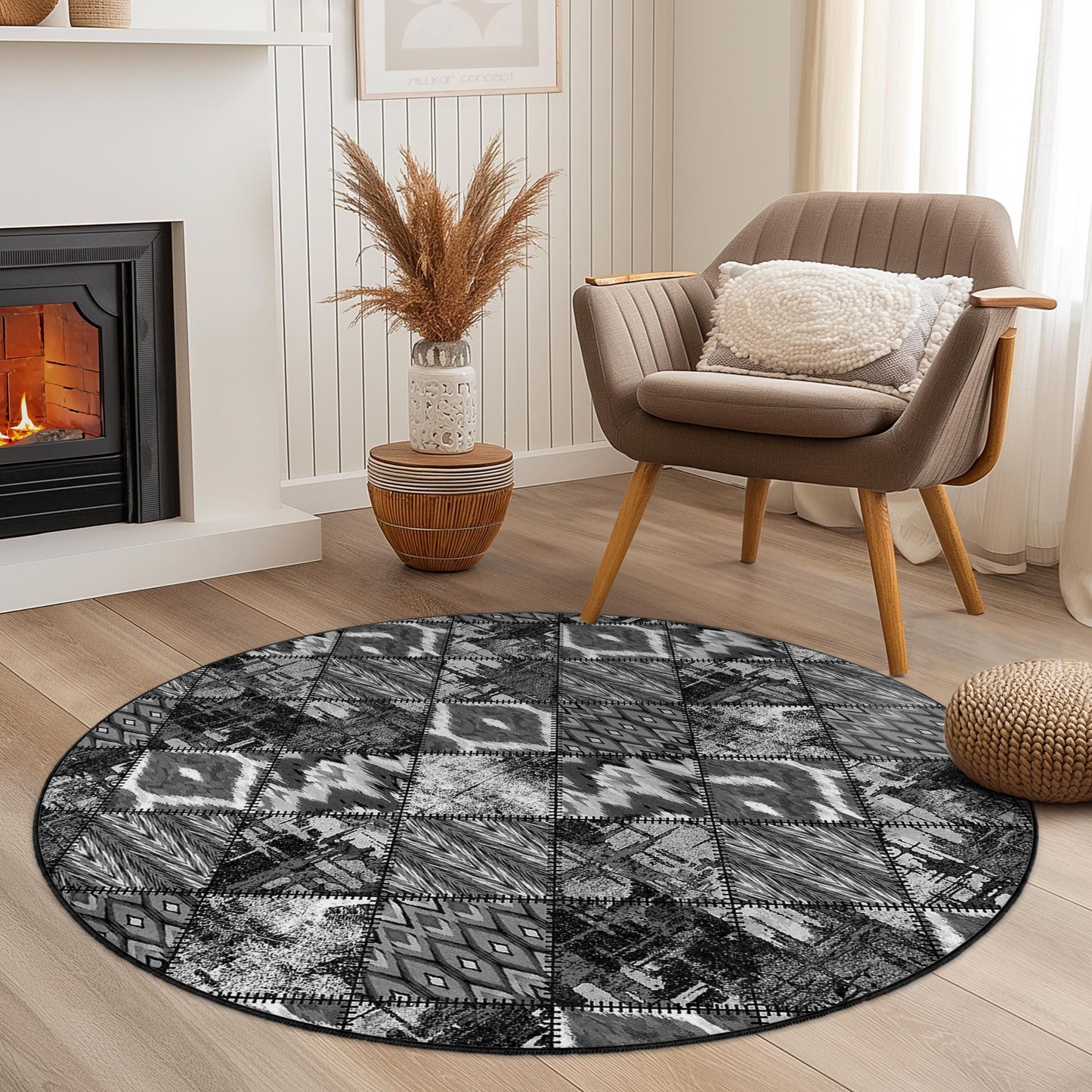 Geometrischer runder Teppich in Schwarz-Weiß, moderner Kreisteppich, Boho-Chic-Wohnzimmerdeko, weicher runder Teppich, stilvolles Wohnaccessoire
