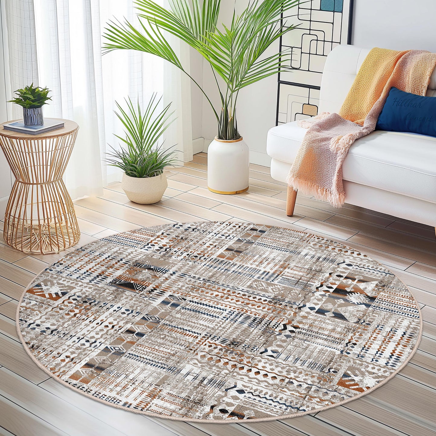 Runder Teppich im Boho-Stil, gemusterter runder Teppich, gemütliche Wohnzimmerdekoration, einzigartiger runder Teppich, modernes Heimtextil, schicker Bodenbelag