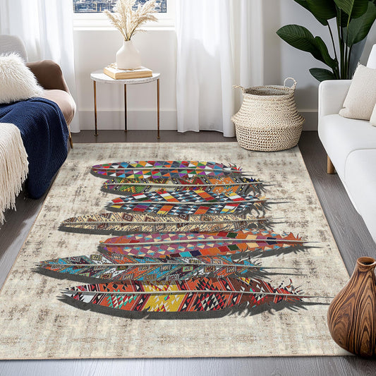 Colorful Feather Pattern Rectangular Area Rug, Bohemian Style Living Room Carpet, Unique Home Decor, Soft Indoor Rug
