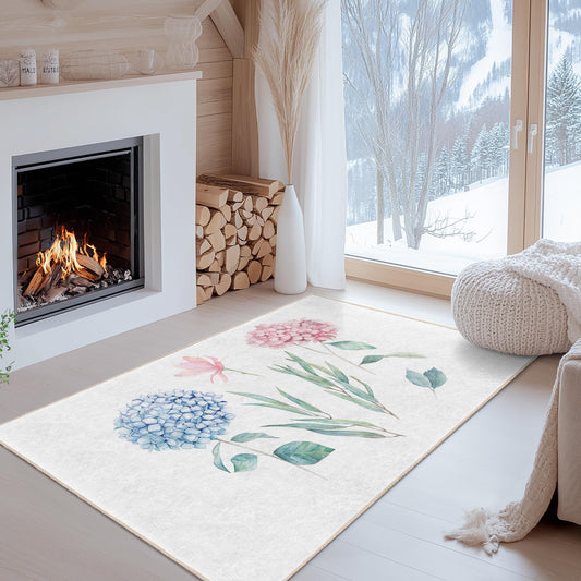 Floral Watercolor Rectangular Area Rug, Pink Blue Floral Carpet, Living Room Decor, Botanical Design Rug, Soft Home Rug