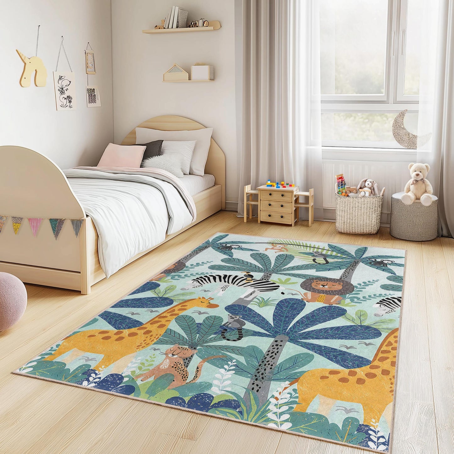 Dschungel-Safari-Kinderteppich, rechteckiger Teppich mit Tiermotiven für Kinderzimmer und Spielzimmer, weicher Teppich für Kinder