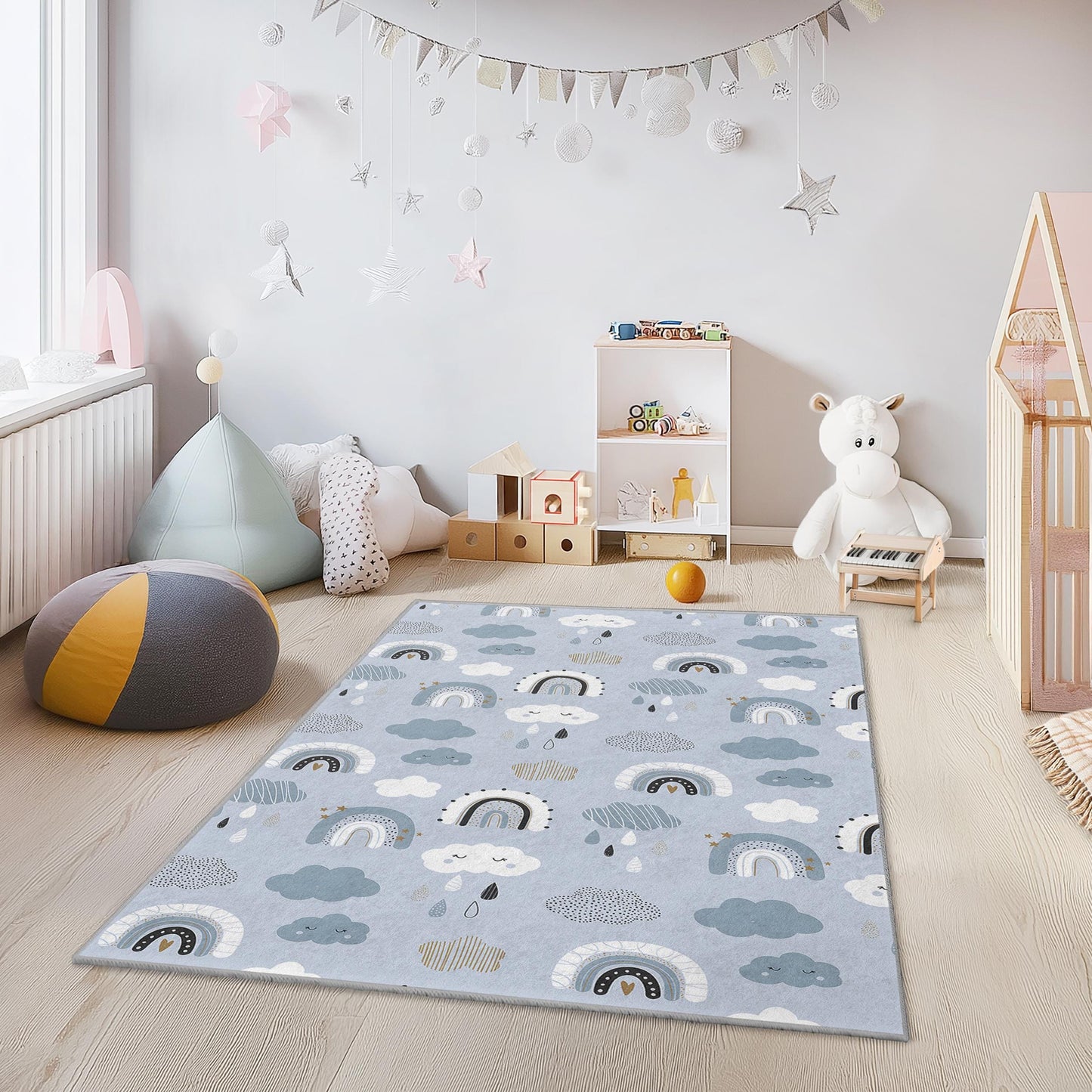 Niedlicher rechteckiger Kinderteppich mit Regenbogenmuster, weicher Kinderzimmerteppich, Spielzimmerdeko, Teppich mit Wolken und Regenbögen, bezaubernder Kinderzimmerteppich
