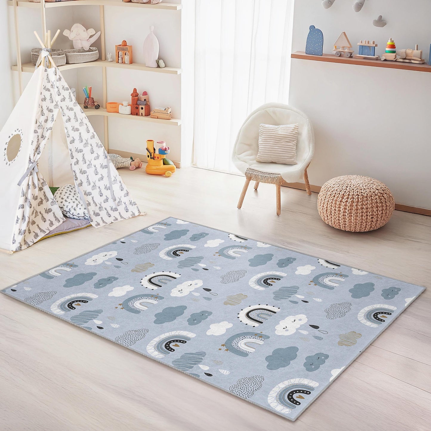 Niedlicher rechteckiger Kinderteppich mit Regenbogenmuster, weicher Kinderzimmerteppich, Spielzimmerdeko, Teppich mit Wolken und Regenbögen, bezaubernder Kinderzimmerteppich