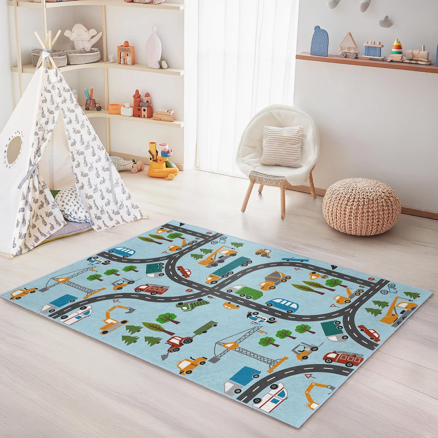 Baustellen-Spielteppich für Kinder, rechteckiger Teppich mit LKW- und Fahrzeugmuster, Straßenkarten-Teppich für Kinderzimmer, Kinderzimmerdekoration