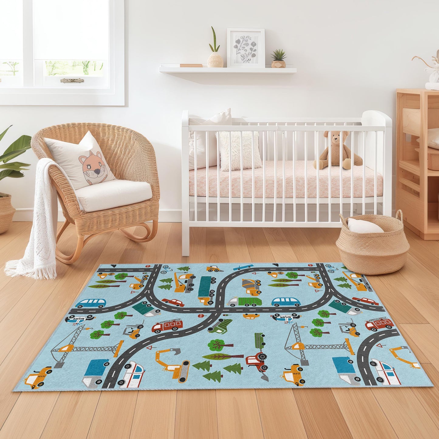 Baustellen-Spielteppich für Kinder, rechteckiger Teppich mit LKW- und Fahrzeugmuster, Straßenkarten-Teppich für Kinderzimmer, Kinderzimmerdekoration