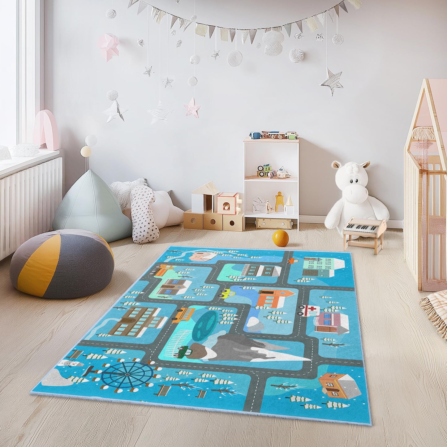 Winterwunderland-Spielteppich für Kinder, Schneeland-Straßenkarten-Teppich, rechteckige Spielmatte für Kinder, gemütliche Kinderzimmerdekoration, interaktiver Kinderteppich