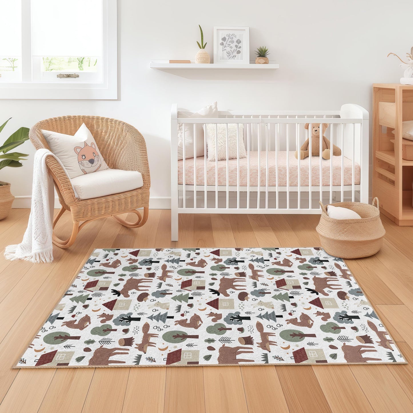 Verspielter Waldtier-Kinderteppich, rechteckiger Teppich mit Waldmotiv, Kinderzimmerdeko, niedliche Spielmatte mit Tiermotiven, Babyzimmerteppich