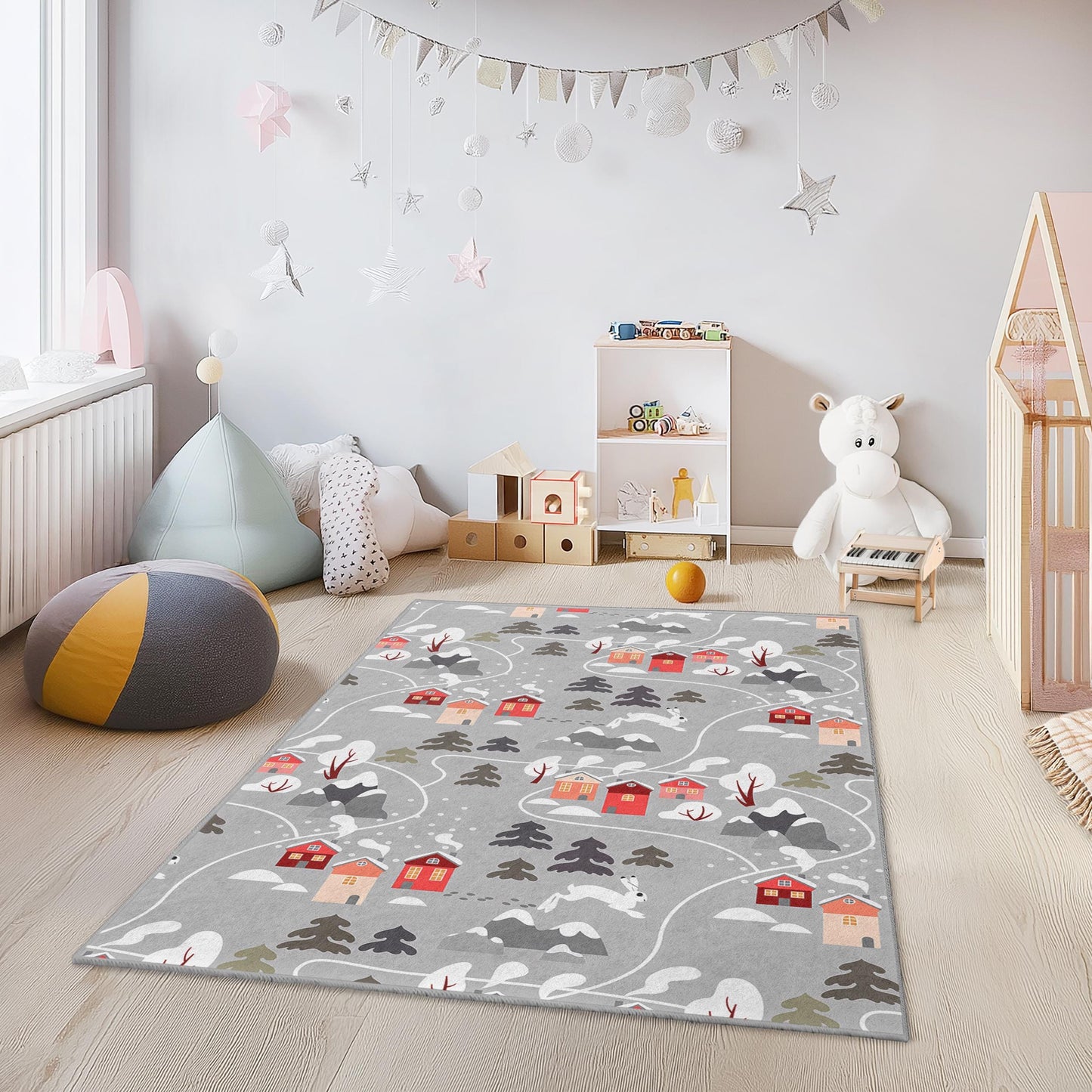 Gemütlicher rechteckiger Kinderteppich „Winterdorf“, Teppich mit Schneelandschaft, Kinderzimmerdeko, Kinderzimmerteppich, weicher Familienteppich