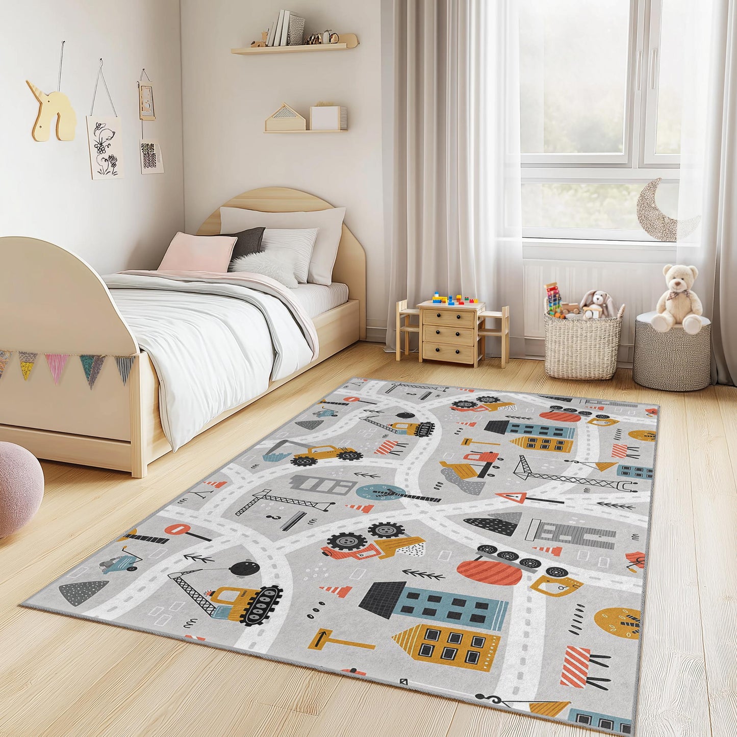 Baustellen-Spielteppich für Kinder, rechteckige Spielmatte, Baustellenteppich für Jungenzimmer, weiche Kinderzimmerdekoration, Spielzimmerteppich