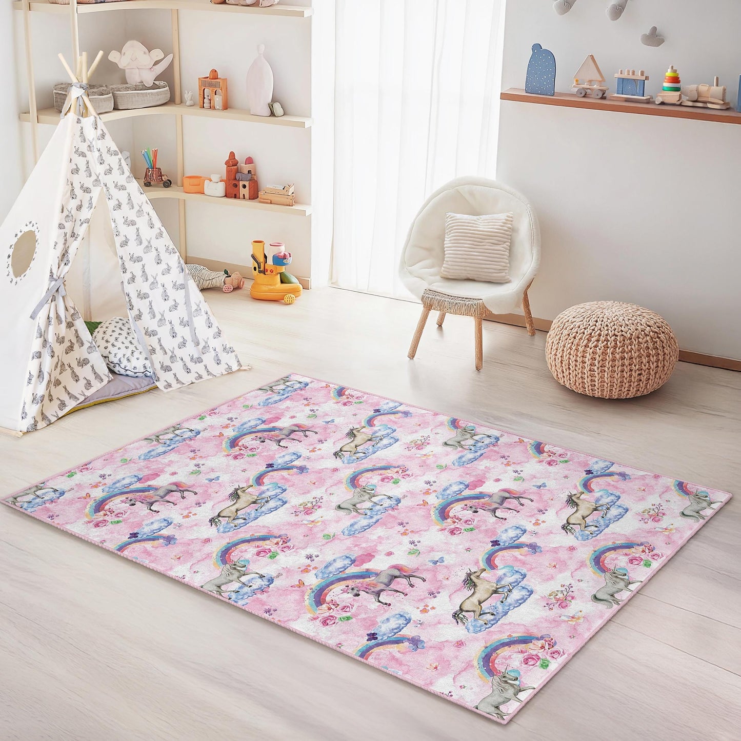 Regenbogen-Einhorn-Kinderteppich, magischer Einhorn-Teppich, rechteckiger Teppich fürs Kinderzimmer, niedliche Kinderzimmerdeko, Regenbogen-Spielmatte
