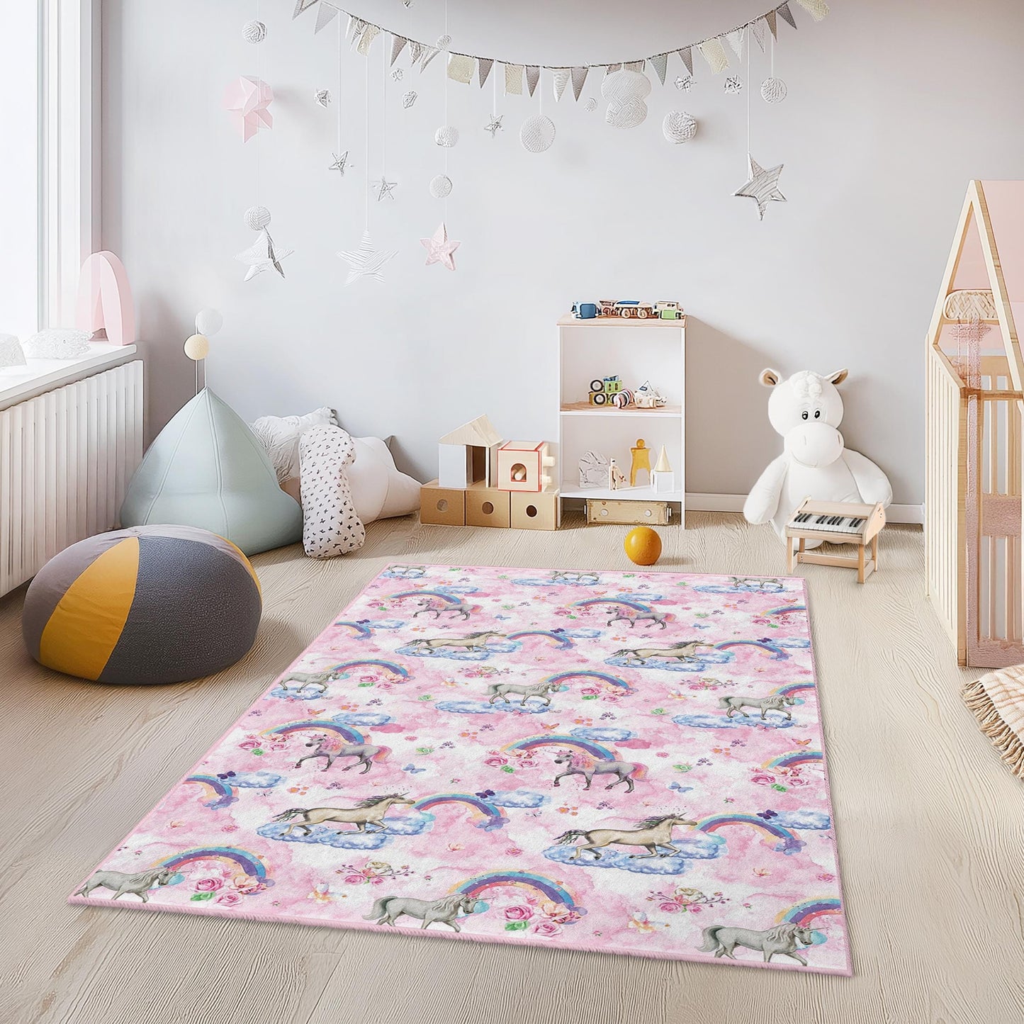 Regenbogen-Einhorn-Kinderteppich, magischer Einhorn-Teppich, rechteckiger Teppich fürs Kinderzimmer, niedliche Kinderzimmerdeko, Regenbogen-Spielmatte