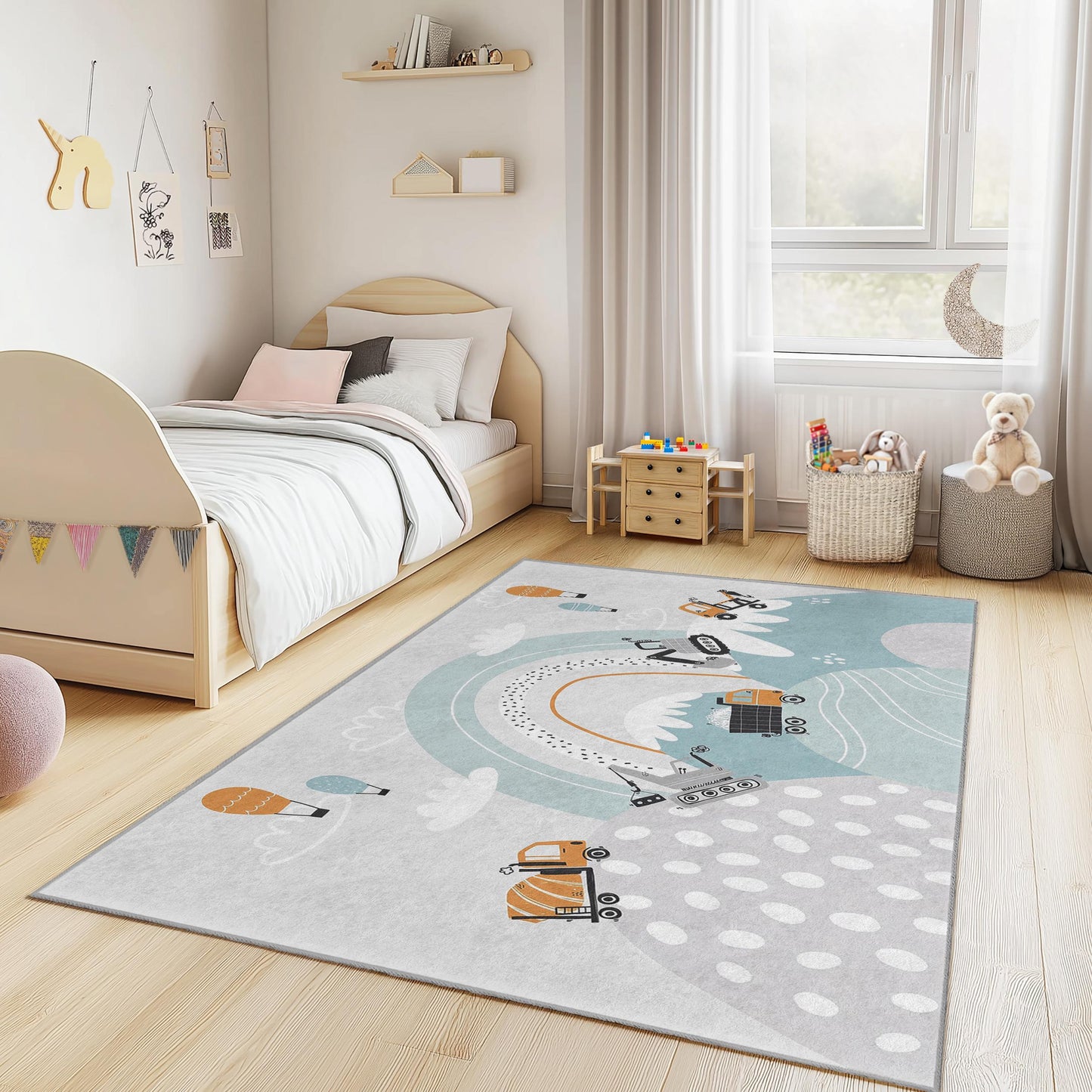 Baustellenfahrzeug-Kinderteppich, verspielter rechteckiger Teppich fürs Kinderzimmer, weiche Kinderzimmerdekoration, lustige Spielmatte für Jungen und Mädchen