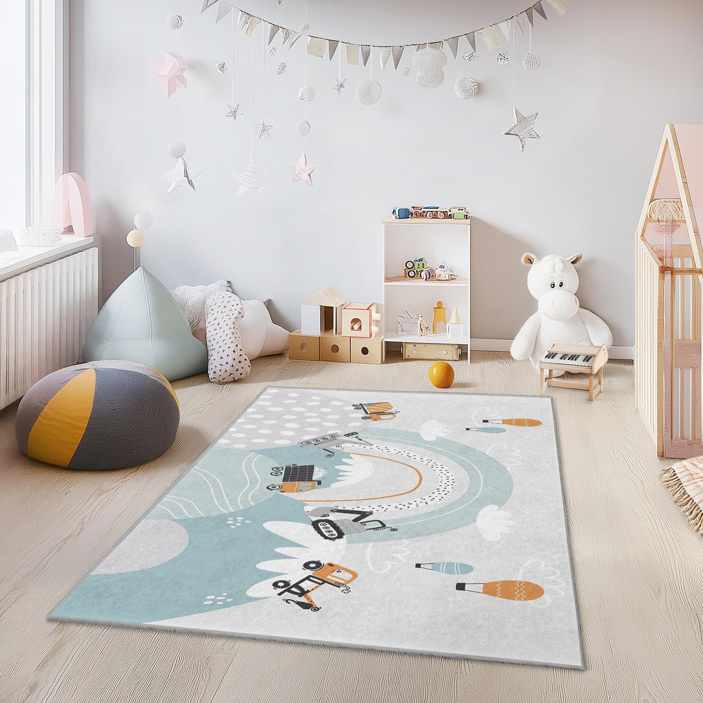 Baustellenfahrzeug-Kinderteppich, verspielter rechteckiger Teppich fürs Kinderzimmer, weiche Kinderzimmerdekoration, lustige Spielmatte für Jungen und Mädchen