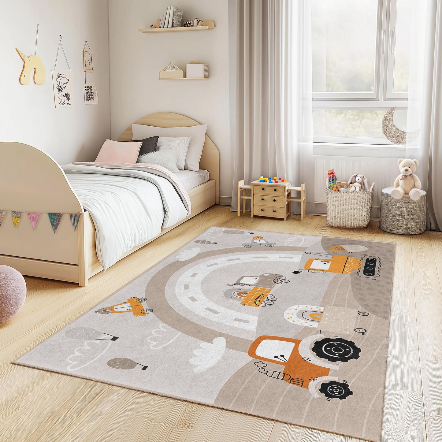 Baustellenfahrzeug-Kinderteppich, lustiger Spielzimmerteppich, rechteckiger Teppich fürs Kinderzimmer, Kinderzimmerdeko mit Fahrzeugmotiv