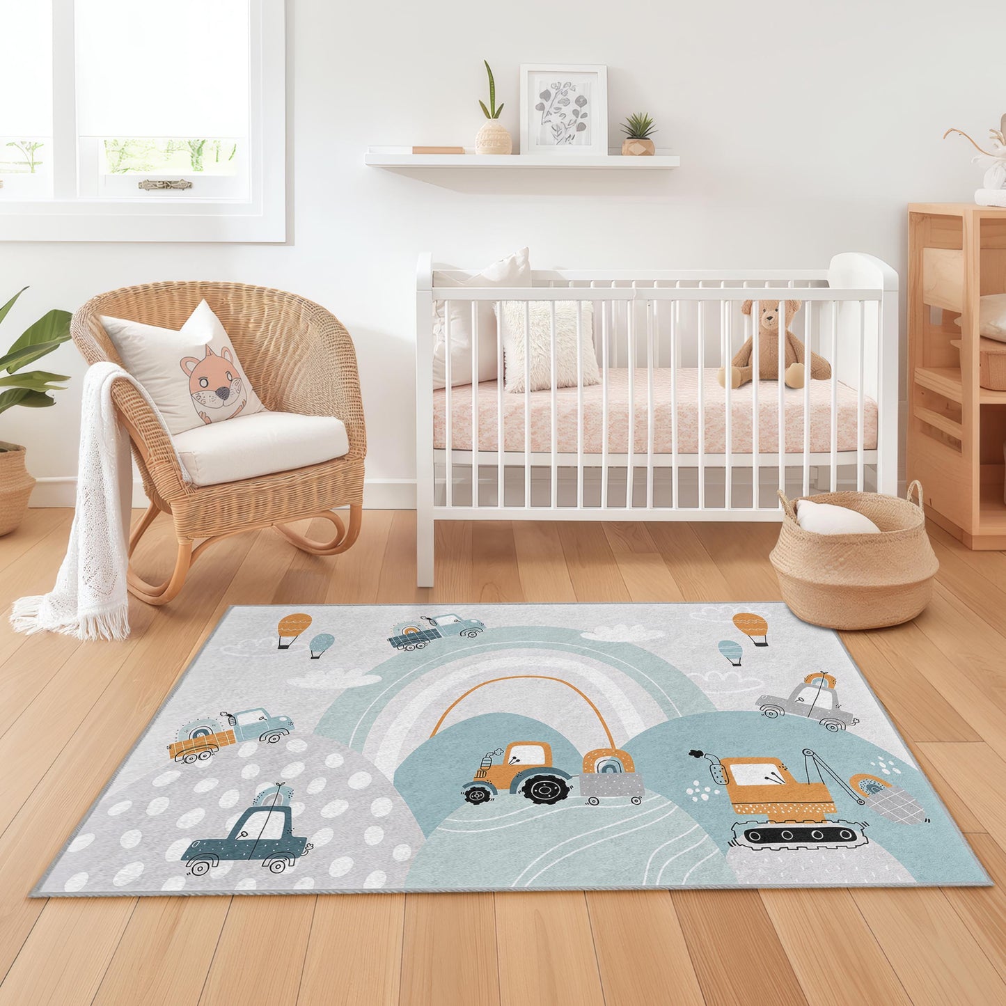 Baustellen-Spielteppich für Kinder, Bagger- und LKW-Design, rechteckiger Spielteppich, weicher Kinderzimmerteppich, Kinderzimmerdekoration