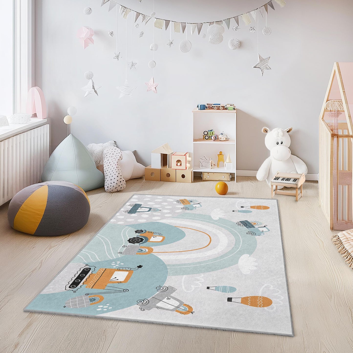 Baustellen-Spielteppich für Kinder, Bagger- und LKW-Design, rechteckiger Spielteppich, weicher Kinderzimmerteppich, Kinderzimmerdekoration