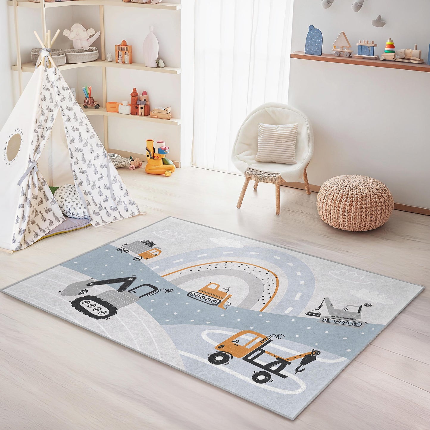Spielmatte mit Baustellenmotiv, Bagger- und Muldenkipper-Spielmatte, rechteckiger Kinderzimmerteppich, weiche Kinderzimmerdekoration, Spielzimmer-Basics