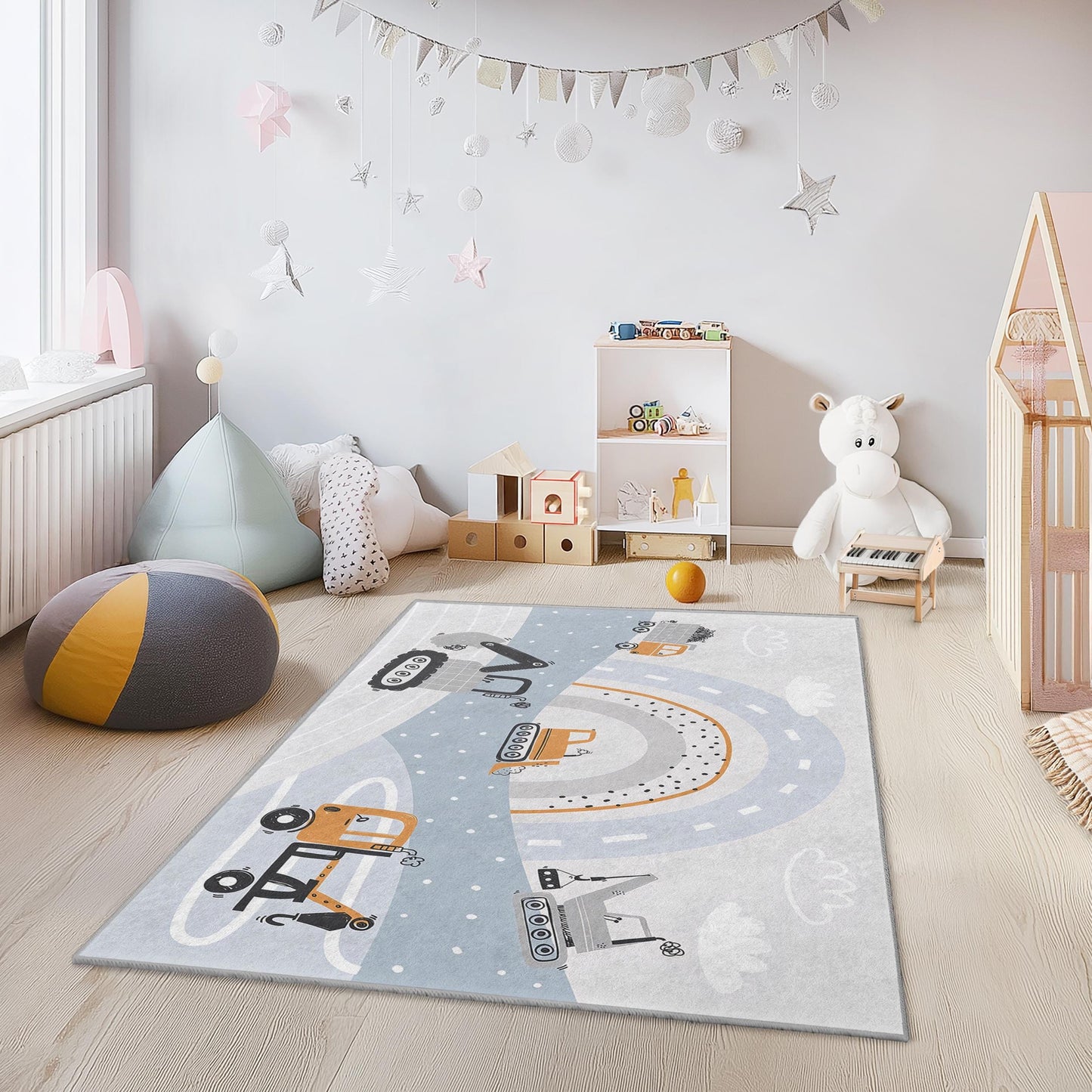 Spielmatte mit Baustellenmotiv, Bagger- und Muldenkipper-Spielmatte, rechteckiger Kinderzimmerteppich, weiche Kinderzimmerdekoration, Spielzimmer-Basics