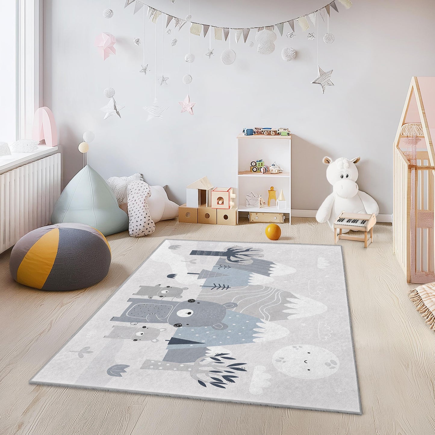 Rechteckiger Kinderteppich mit niedlicher Bärenfamilie, Tiermotiv-Kinderzimmerteppich, gemütlicher Spielzimmerteppich, graue Kinderzimmerdekoration, weiche Bärenmatte