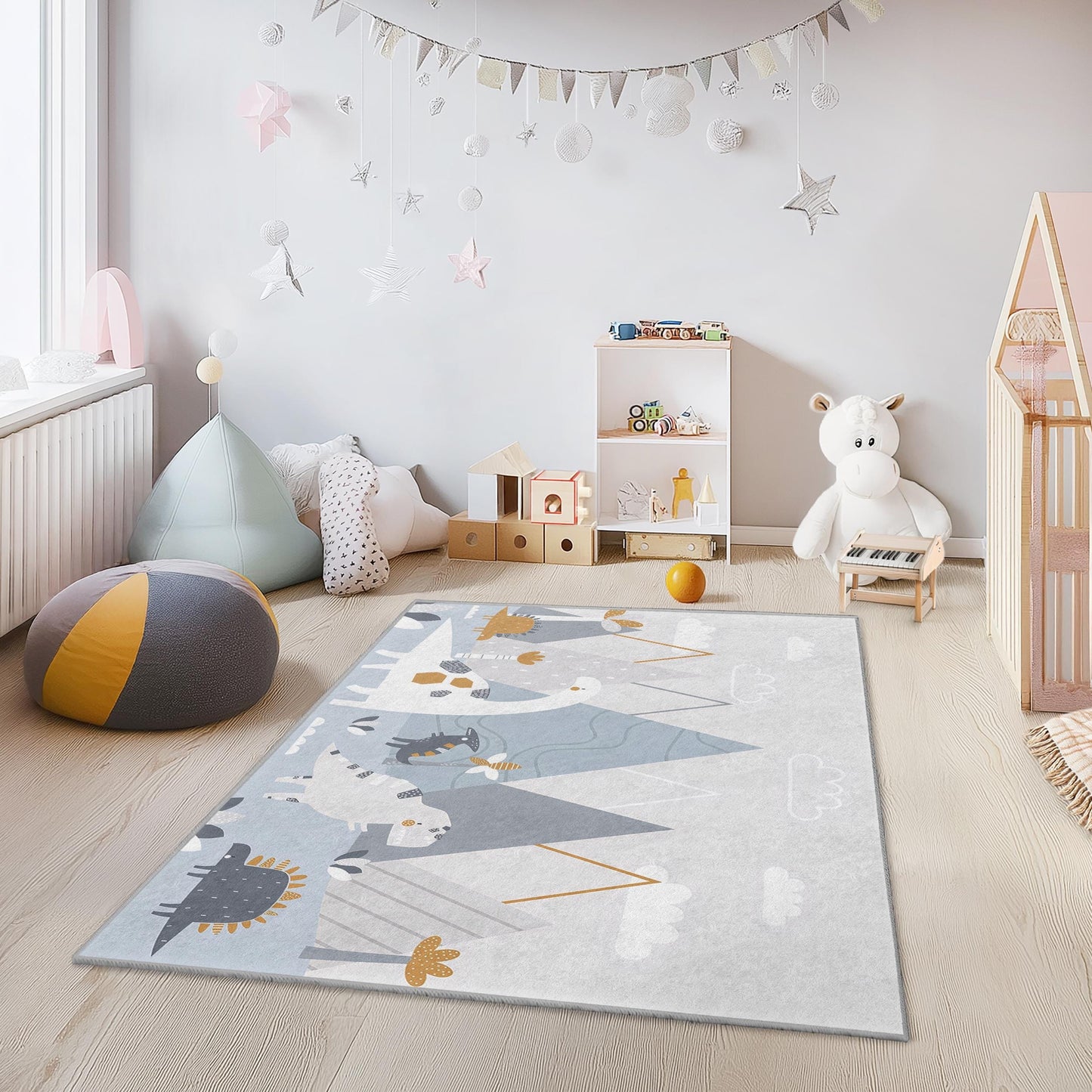 Dinosaurier-Abenteuer-Kinderteppich, niedlicher rechteckiger Teppich mit Dinosauriermotiv fürs Kinderzimmer, weicher Spielzimmerteppich, Kinderzimmerdekoration