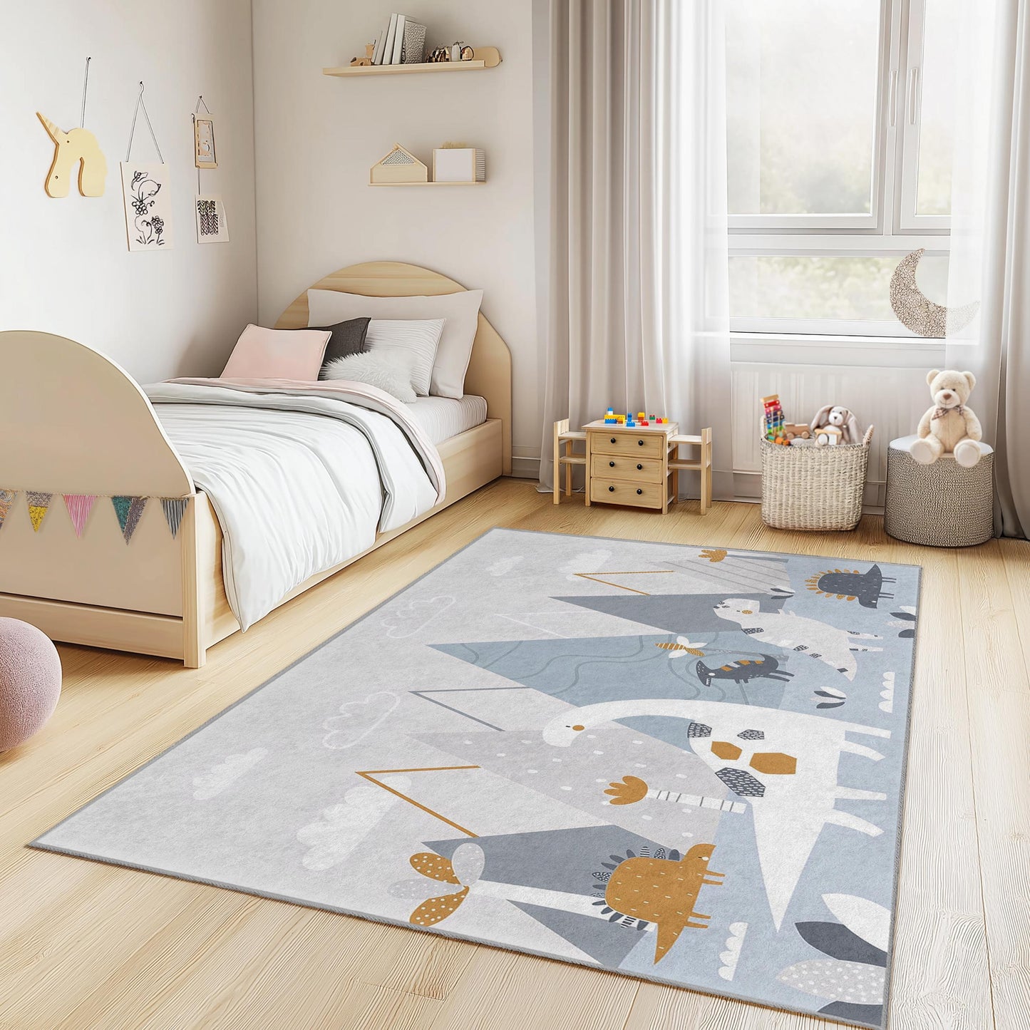 Dinosaurier-Abenteuer-Kinderteppich, niedlicher rechteckiger Teppich mit Dinosauriermotiv fürs Kinderzimmer, weicher Spielzimmerteppich, Kinderzimmerdekoration