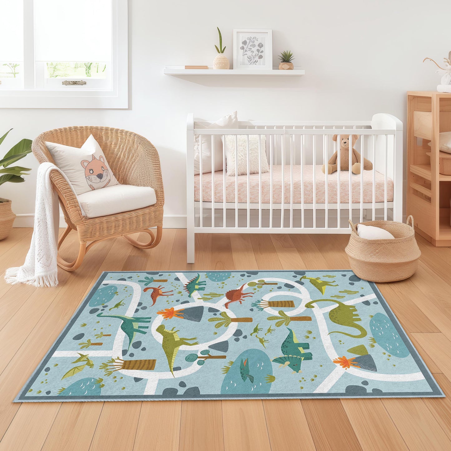 Dinosaurier-Abenteuer-Kinderteppich, rechteckiger Spielzimmerteppich, interaktiver Dinosaurier-Kartenteppich fürs Kinderzimmer, weiche Kinderzimmerdekoration