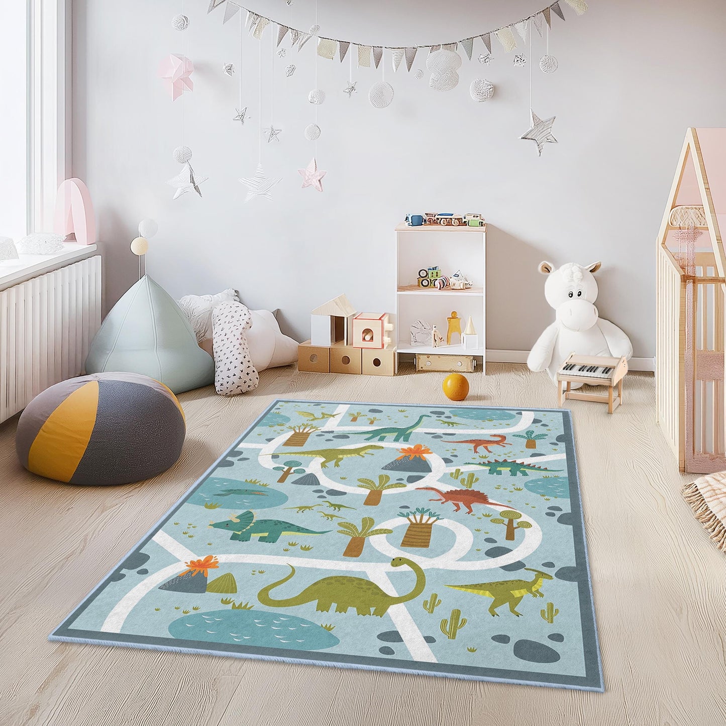 Dinosaurier-Abenteuer-Kinderteppich, rechteckiger Spielzimmerteppich, interaktiver Dinosaurier-Kartenteppich fürs Kinderzimmer, weiche Kinderzimmerdekoration