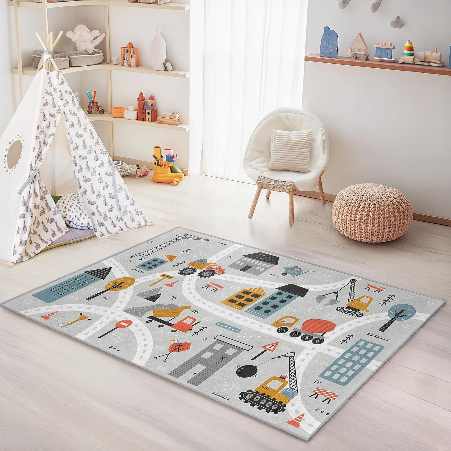 Rechteckiger Kinderteppich mit Baustellenmotiv, bunter Teppich mit Baustellenfahrzeugen, Spielzimmerdeko, Kinderzimmerteppich
