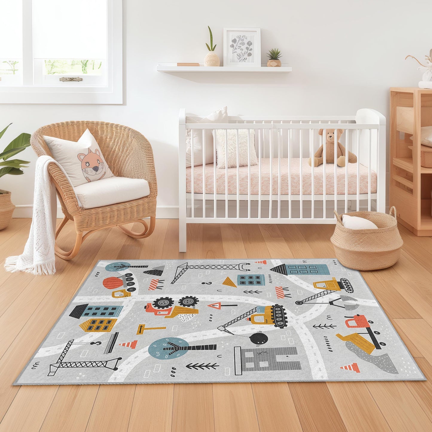 Baustellen-Spielteppich für Kinder, rechteckige Spielmatte, weicher Teppich fürs Kinderzimmer, lustiges Baustellenmotiv, Kinderzimmerdekoration
