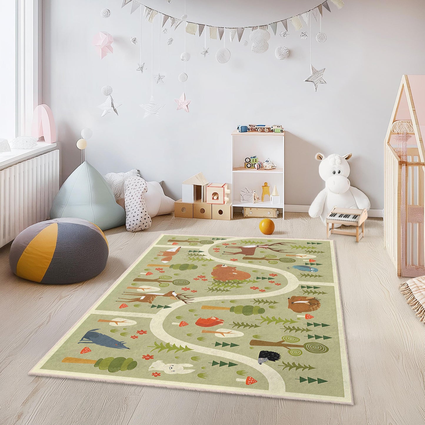 Waldabenteuer-Kinderteppich, rechteckiger Teppich mit Tiermotiven, Spielzimmerdeko, Kinderzimmerteppich, weiche Bodenmatte fürs Kinderzimmer