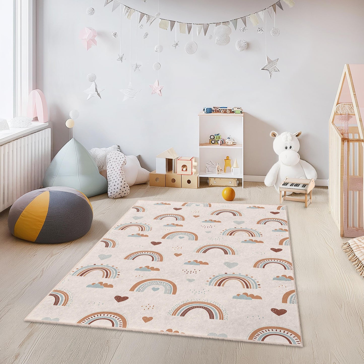 Rechteckiger Kinderteppich mit Regenbogenmuster, pastellfarbener Regenbogen-Kinderzimmerteppich, niedlicher Spielzimmerteppich, weiche Kinderzimmerdekoration, Kinderteppich