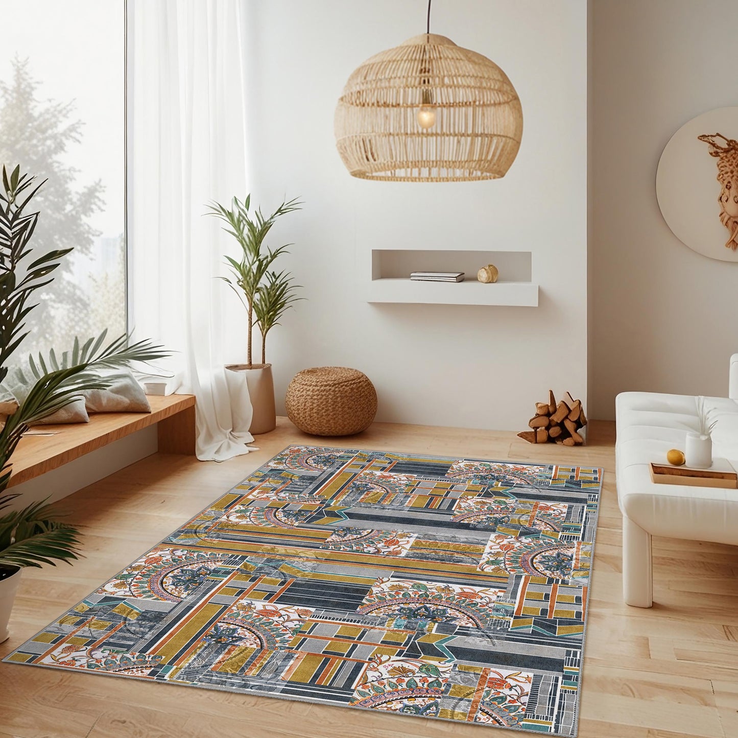 Rechteckiger Teppich mit geometrischem Blumenmuster, moderner abstrakter Teppich, Wohnzimmerdekoration, stilvolle Fußmatte, Teppich im zeitgenössischen Design