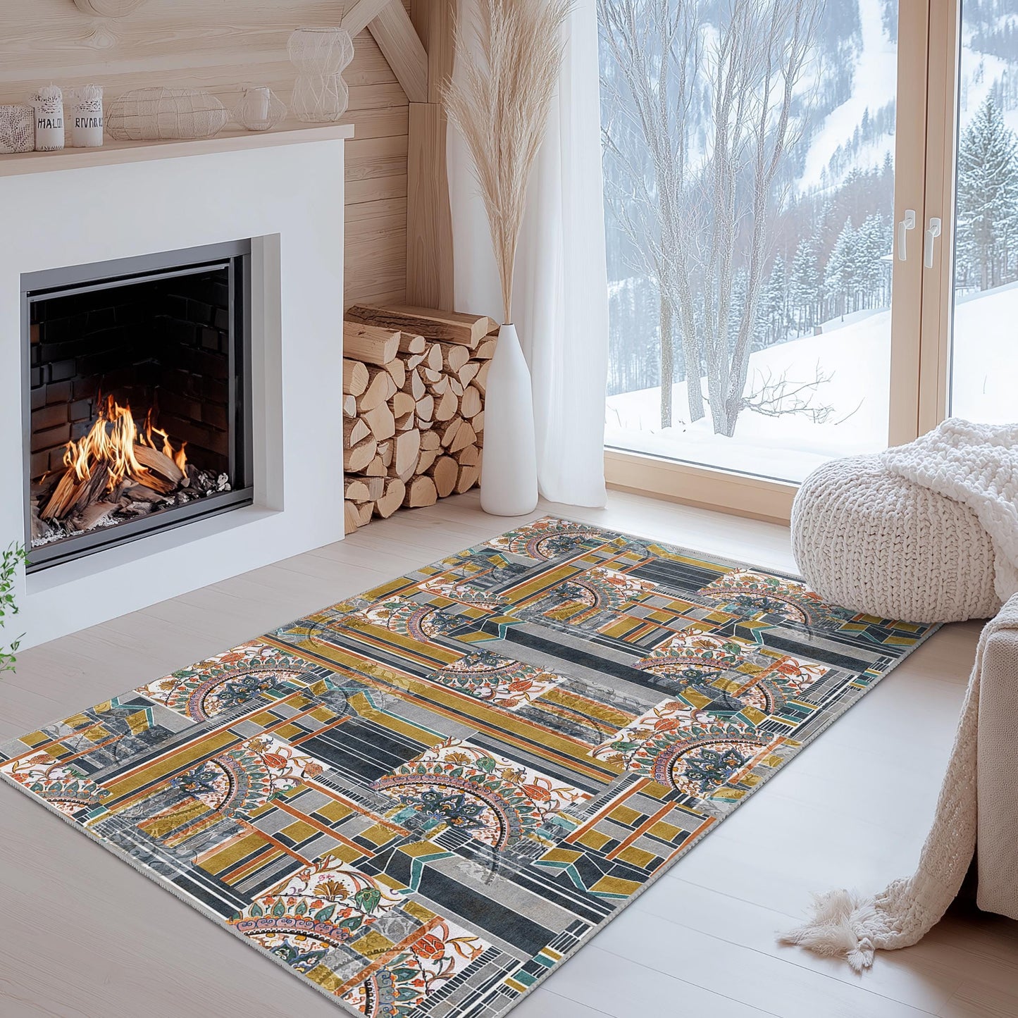 Rechteckiger Teppich mit geometrischem Blumenmuster, moderner abstrakter Teppich, Wohnzimmerdekoration, stilvolle Fußmatte, Teppich im zeitgenössischen Design