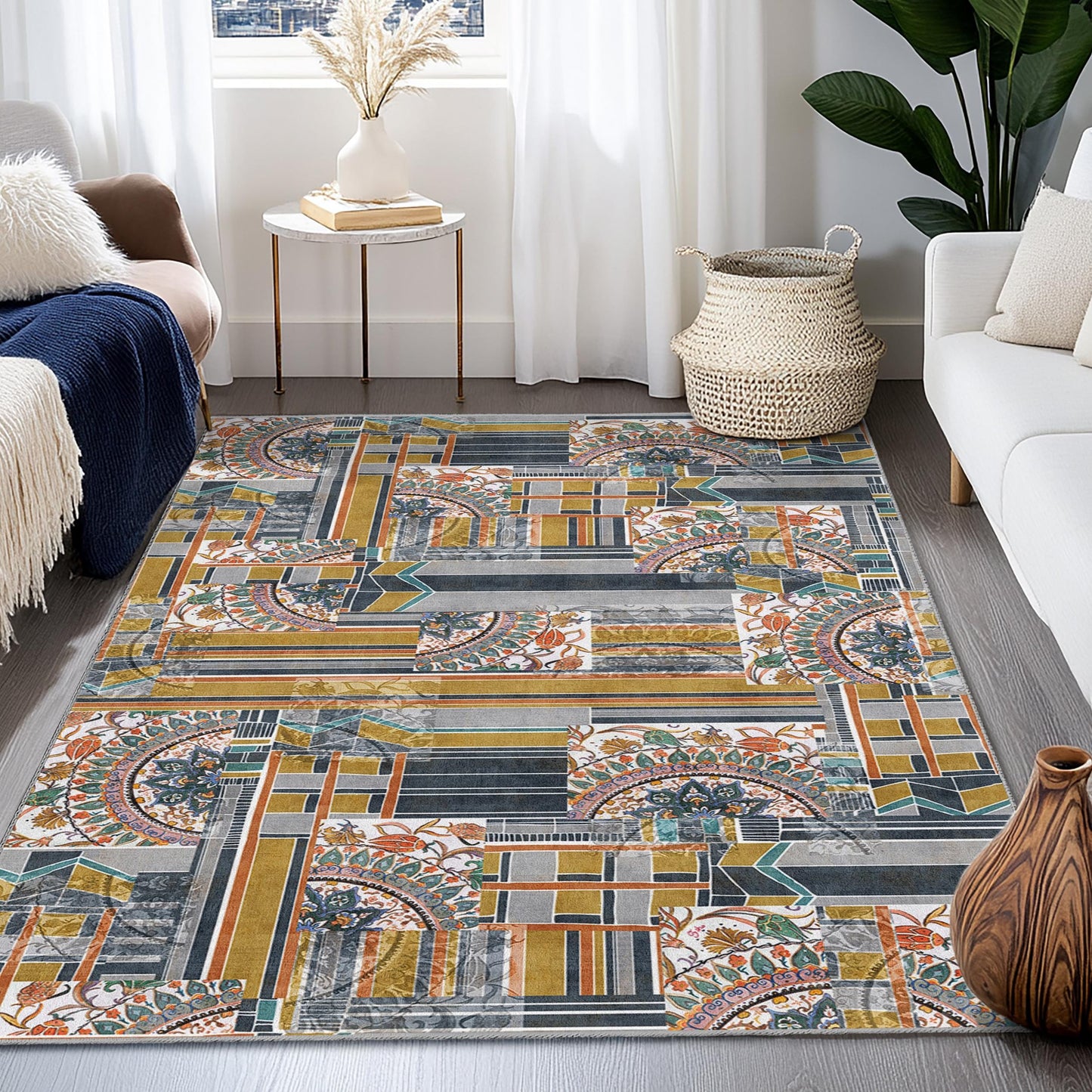 Rechteckiger Teppich mit geometrischem Blumenmuster, moderner abstrakter Teppich, Wohnzimmerdekoration, stilvolle Fußmatte, Teppich im zeitgenössischen Design