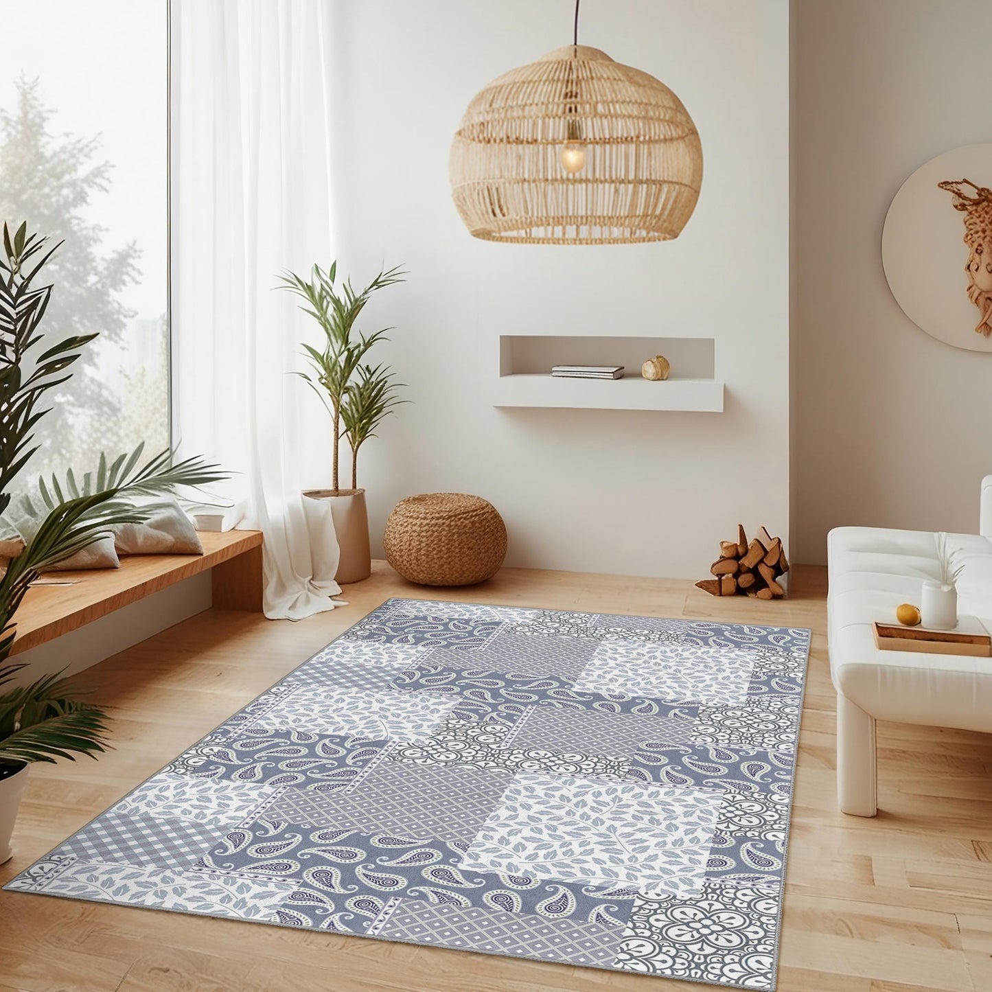 Eleganter rechteckiger Teppich im Patchwork-Design, moderner Wohnzimmerteppich, stilvolle Wohndekoration, weiche Fußmatte für die Familie