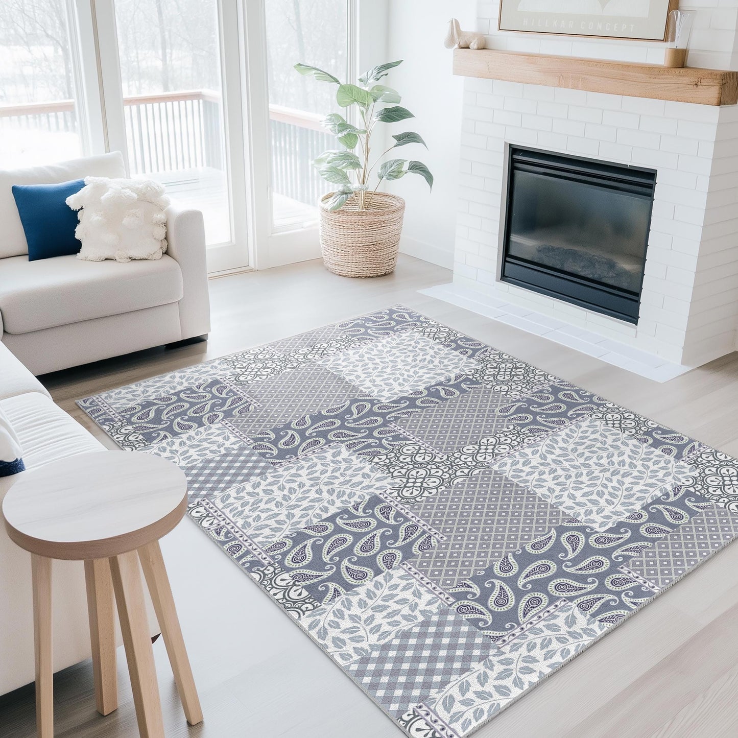 Eleganter rechteckiger Teppich im Patchwork-Design, moderner Wohnzimmerteppich, stilvolle Wohndekoration, weiche Fußmatte für die Familie