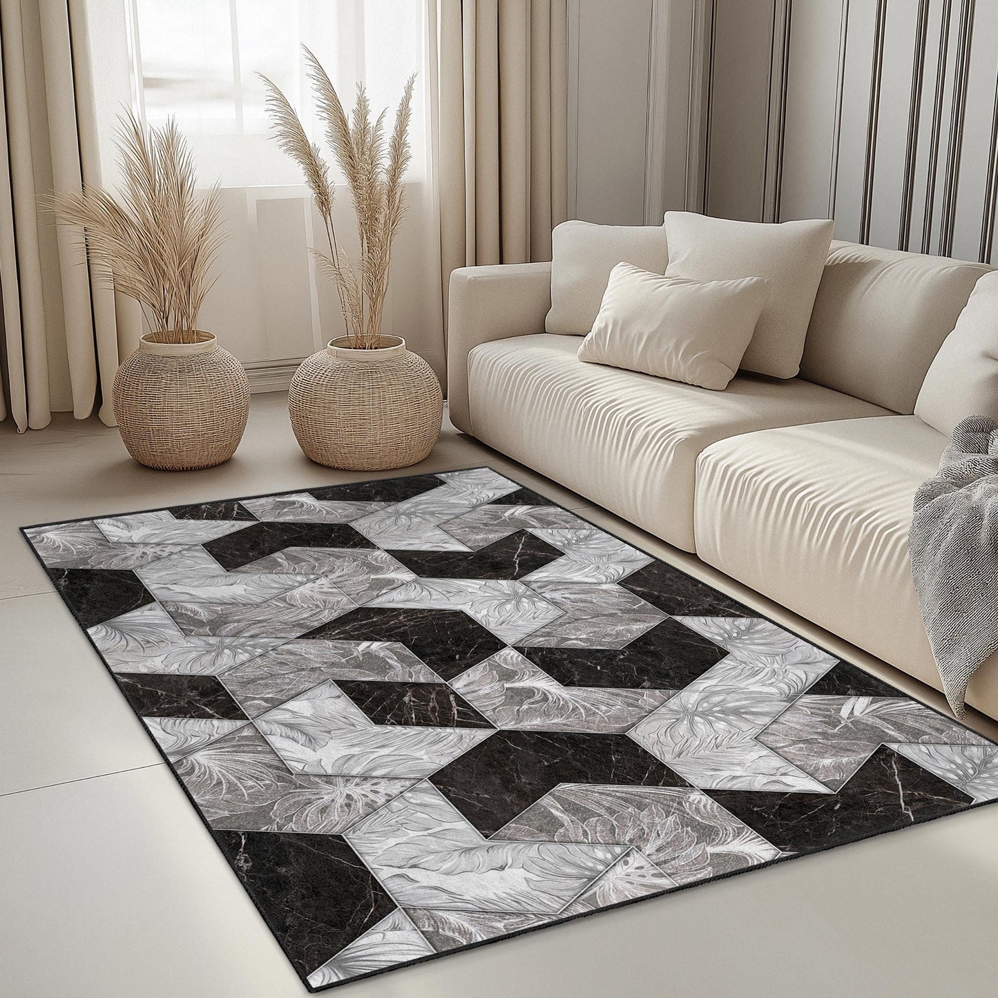Geometrischer rechteckiger Teppich in Schwarz-Weiß, modernes Muster für das Wohnzimmer, stilvolle Wohndekoration, eleganter Bodenbelag